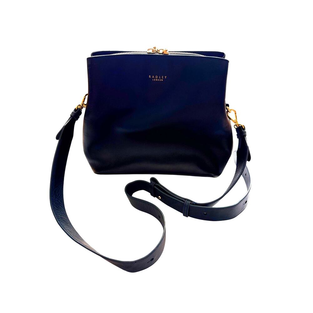 Radley London Navy Blue Leather Bucket Crossbody Shoulder Bag 9X9 Quiet Luxury